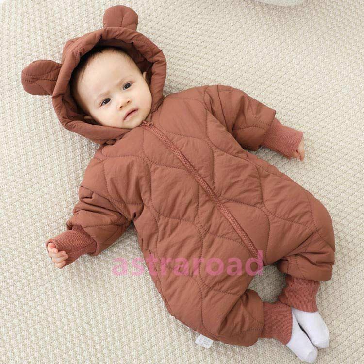 ジャンプスーツ 雪遊び ベビー カバーオール 耳付き くま耳 秋冬