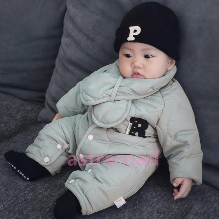 ジャンプスーツ ベビー カバーオール マフラー付き 中綿 裏ボア 裹起毛