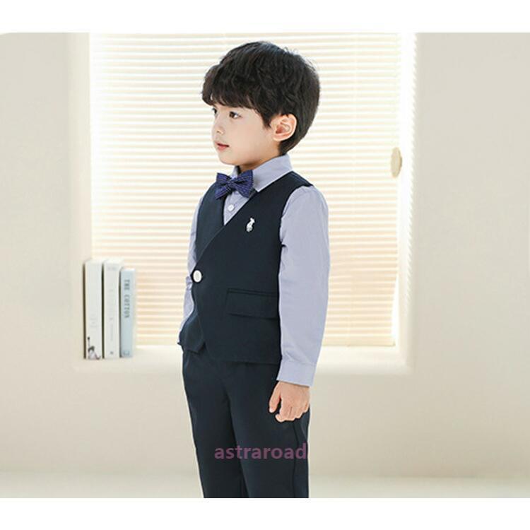 入学式 スーツ 男の子 キッズ スーツ 長袖 フォーマル 5点セット 薄手 シャツ パンツ ベスト サスペンダー ドット 蝶ネクタイ 子供服 入園式 卒園式 卒業式の画像