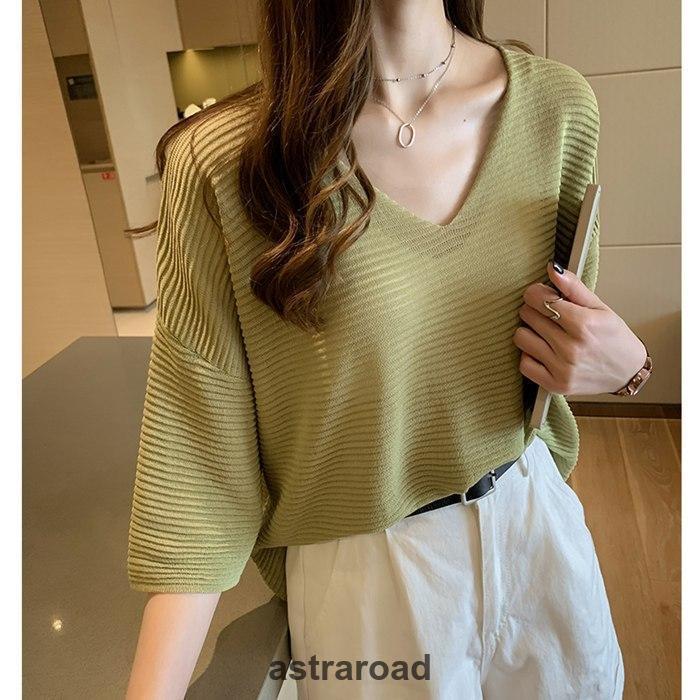 チュニック ニット Vネック レディース 五分袖 ニットソー ドロップ