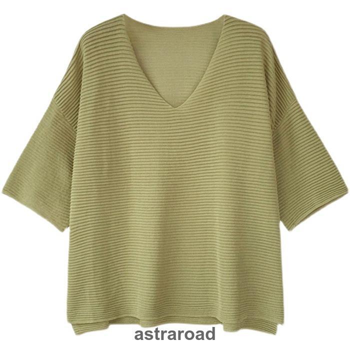チュニック ニット Vネック レディース 五分袖 ニットソー ドロップ