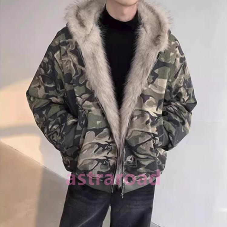 迷彩柄ファー付きフードジャケット ブルゾン アウター フードファー クロップド 迷彩 ジャケット / Hooded