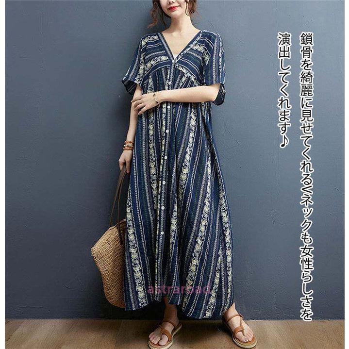 ワンピース レディース春 夏 綿 麻 リネン ロング丈 半袖 ストライプ V