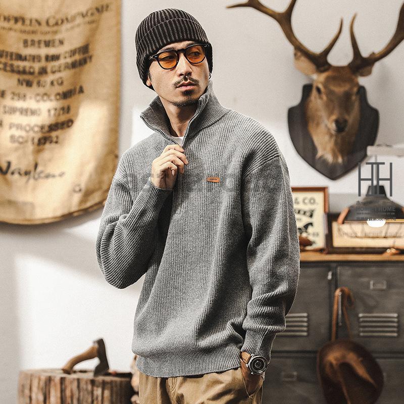 ニット セーター メンズ 長袖 ハーフジップ ヘビーウェイト ハイネック