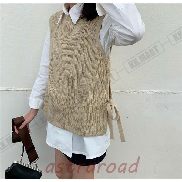ホワイトニットベスト リボン付き ニットベスト レディース チョッキ リブ編み リボン付き クルー