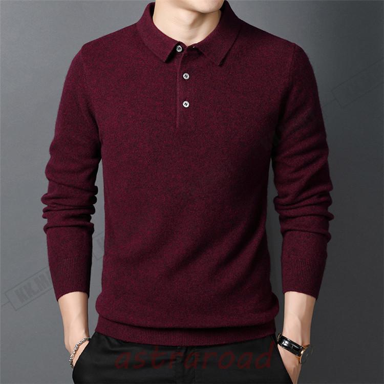 ウール100% ニット ポロシャツ メンズ 長袖 ニットセーター 無地