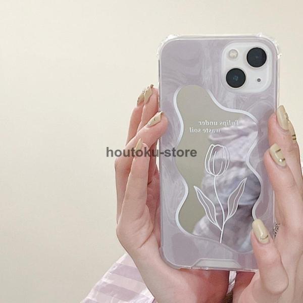 スマホケース iphone14 ケース 韓国 iphone13 ケース iphone12 ケース 携帯ケース iphone15 ケース TPU  クリア ミラー 鏡 チューリップ  ペア | ブランド登録なし