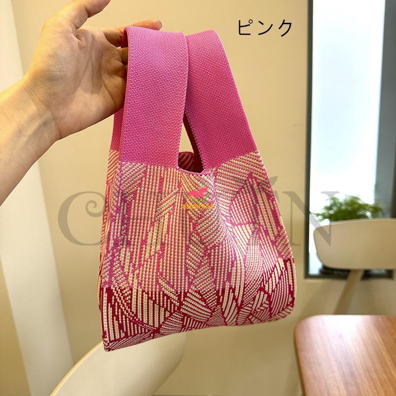 春ニットトートバッグ レディース幾何学模様 ニットバッグ軽量 トート
