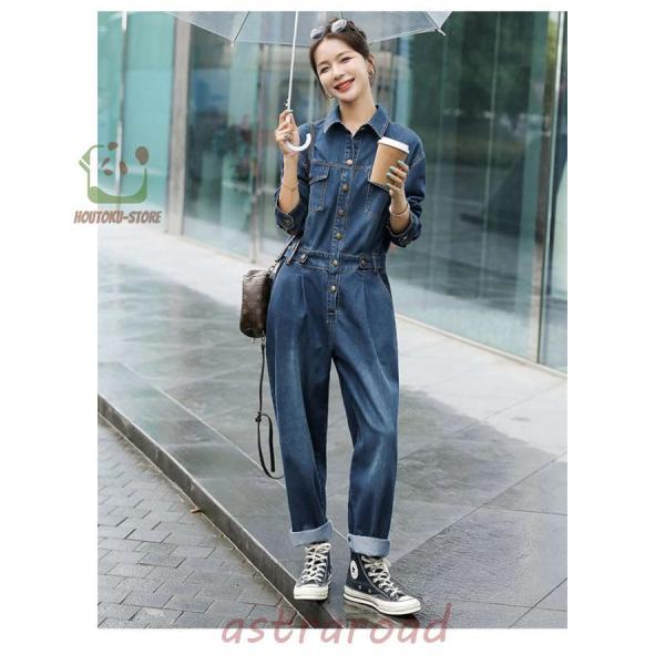 オールインワン レディース デニム 長袖 ワイドパンツ 春 秋 ゆったり
