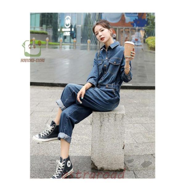 オールインワン レディース デニム 長袖 ワイドパンツ 春 秋 ゆったり