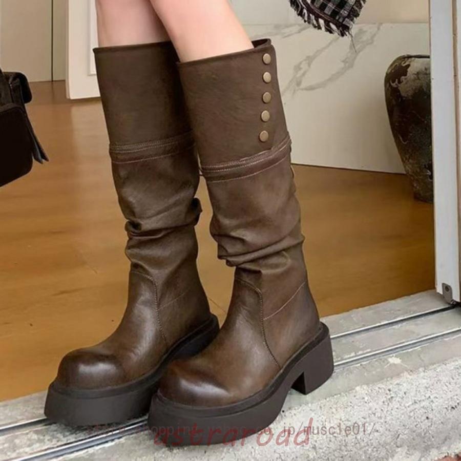 ロングブーツ レディース 秋冬 チャンキーヒール 変形ヒール ヒール3-5