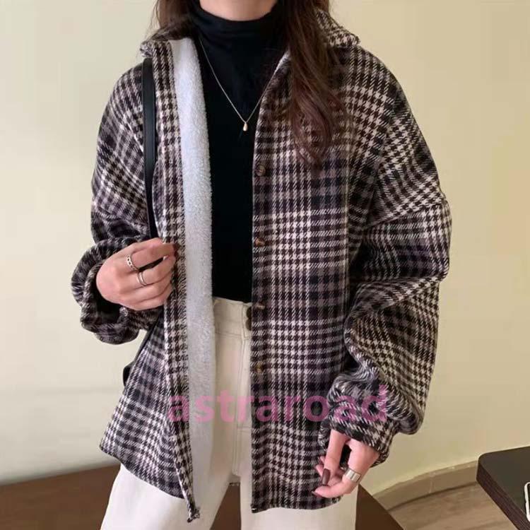 古着　ウール　シャツジャケット　チェック　裏ボア　厚手　ネルシャツ　アウター. ネルシャツ 厚手 チェックシャツ 裏ボア 長袖シャツ レディース ボア