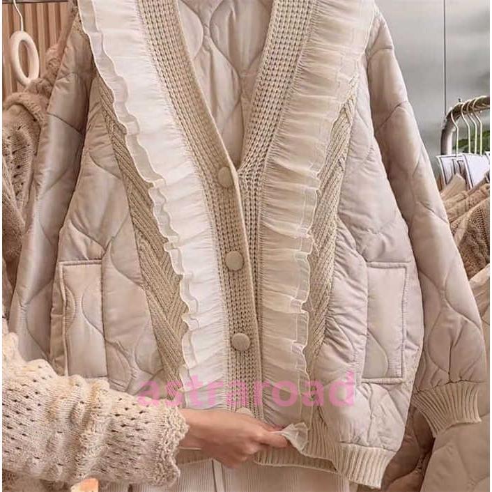 セーター レディース ジャケット コート ニット 厚手 綿服 フリル ニットコート カーディガン ニットセーター 前開き 羽織り Vネック 秋 冬 ゆったり 切り替えの画像