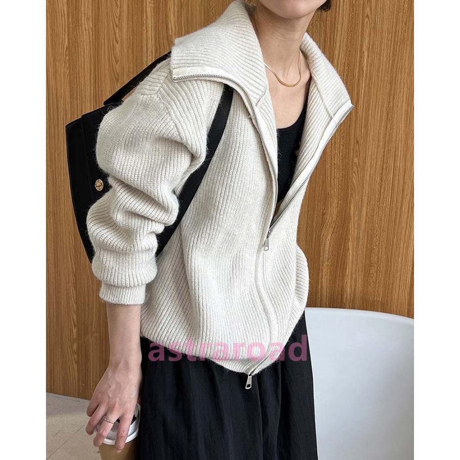 ニットジャケット レディース 立ち襟 ショット コート ダブルジップ