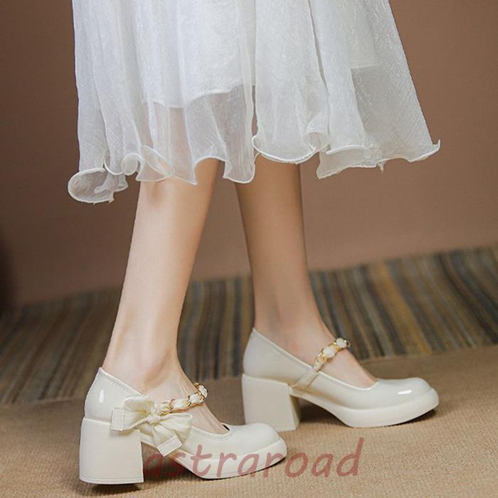 7cmヒール 厚底パンプス ストラップパンプス レディース リボン おでこ