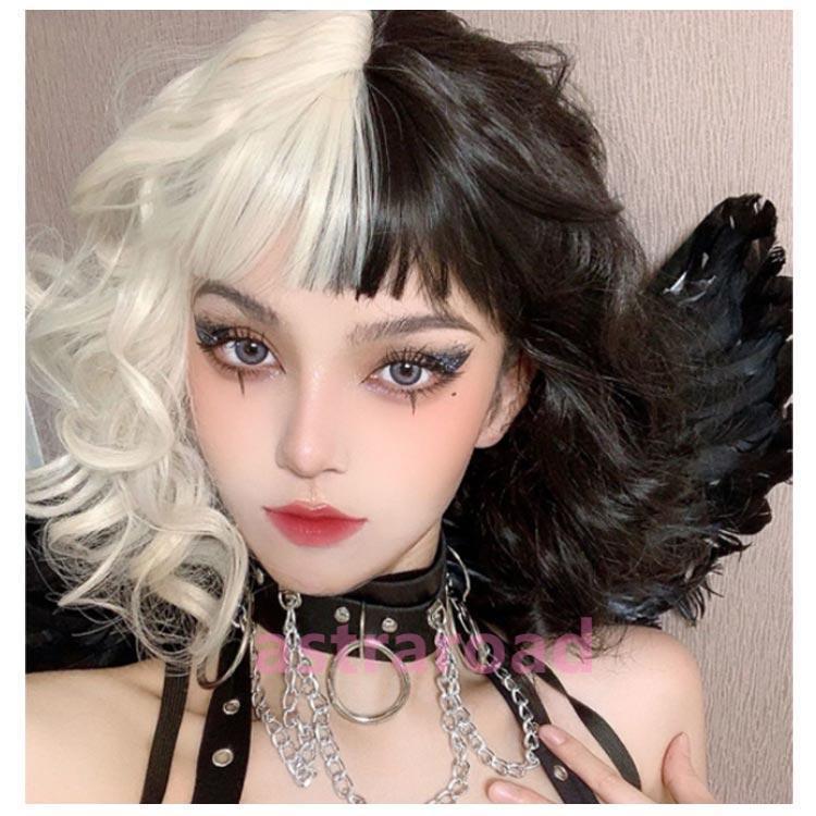 ウィッグ コスプレ 黒白魔女 ショート かつら カール フルウィッグ