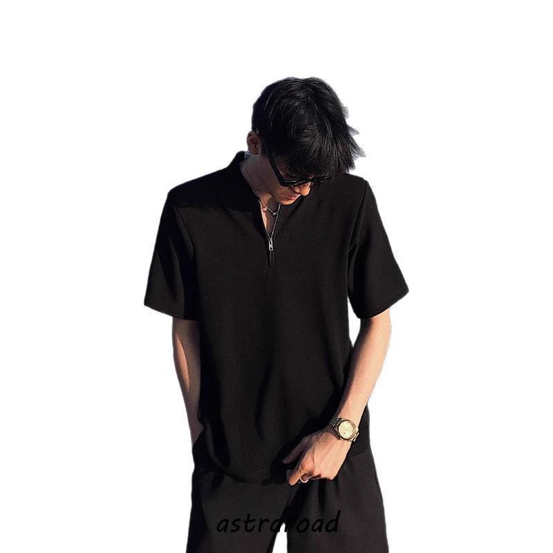 ハーフジップ Tシャツ メンズ 半袖 シャツ ワッフル 襟付き カジュアル