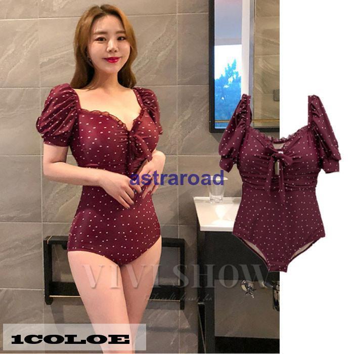 水着 レディース ワンピース 体型カバー 袖付き ドット柄 パフスリーブ 5分袖 水玉 30代 40代 50代 20代 大人可愛い レトロ水着 かわいい水着 夏 | ブランド登録なし