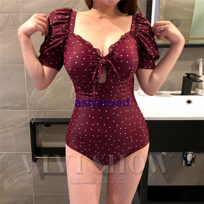 水着 レディース ワンピース 体型カバー 袖付き ドット柄 パフスリーブ 5分袖 水玉 30代 40代 50代 20代 大人可愛い レトロ水着 かわいい水着 夏 | ブランド登録なし | 01