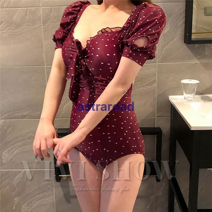 水着 レディース ワンピース 体型カバー 袖付き ドット柄 パフスリーブ 5分袖 水玉 30代 40代 50代 20代 大人可愛い レトロ水着 かわいい水着 夏 | ブランド登録なし | 02