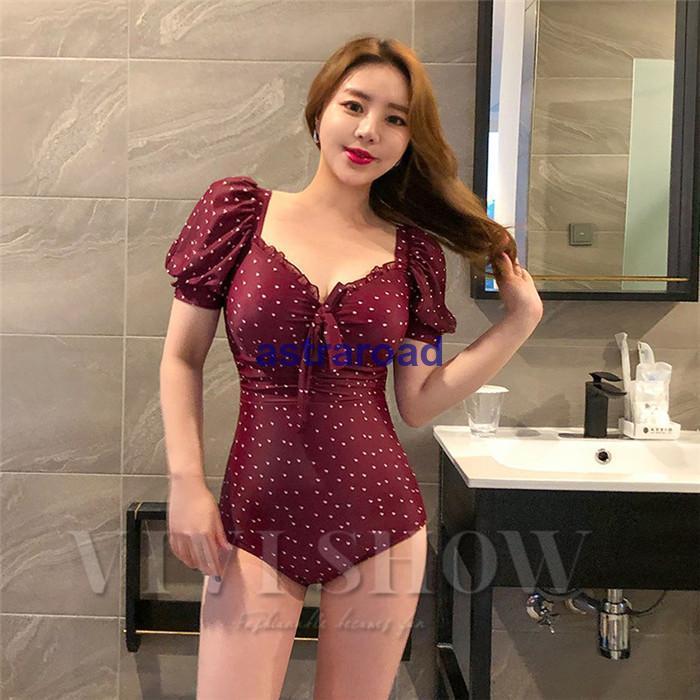 水着 レディース ワンピース 体型カバー 袖付き ドット柄 パフスリーブ 5分袖 水玉 30代 40代 50代 20代 大人可愛い レトロ水着 かわいい水着 夏 | ブランド登録なし | 03