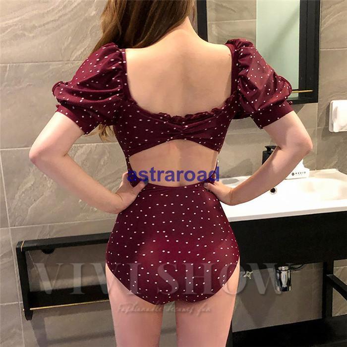 水着 レディース ワンピース 体型カバー 袖付き ドット柄 パフスリーブ 5分袖 水玉 30代 40代 50代 20代 大人可愛い レトロ水着 かわいい水着 夏 | ブランド登録なし | 04