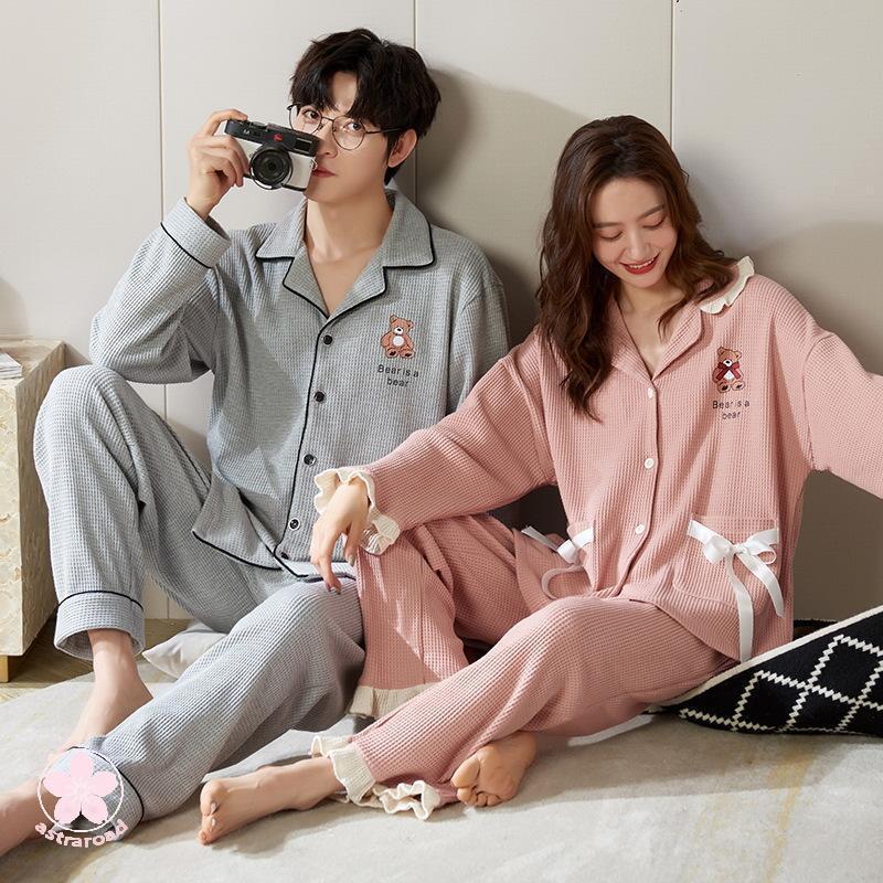 ペアパジャマ カップルメンズレディース 前開き ルームウェア 上下