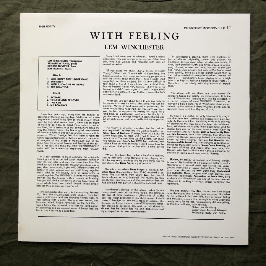 良盤 良ジャケ stereo 激レア 米国 本国盤 Lem Winchester LPレコード With Feeling ジャズ George Duvivier, Roy Haynes, Richard Wyands｜astrotunes｜02