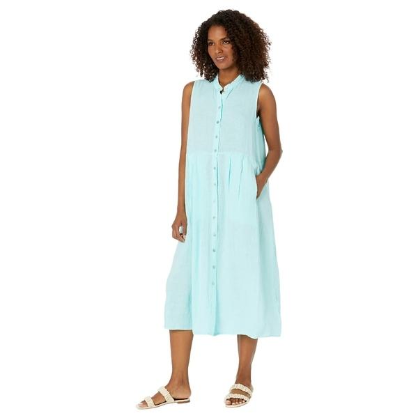 エイリーンフィッシャー ワンピース トップス レディース Mandarin Collar Pleated Sleeveless Full-Length Dress in Garment Dyed Organic Aqua