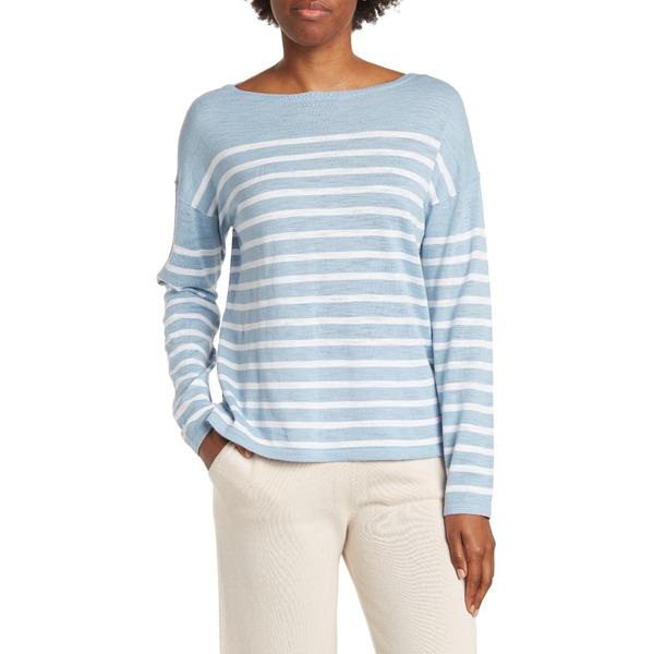 【海外 正規品】 カットソー ３６０カシミア トップス White Optic Azure/ Sweater Cotton Striped Maggie レディース 半袖