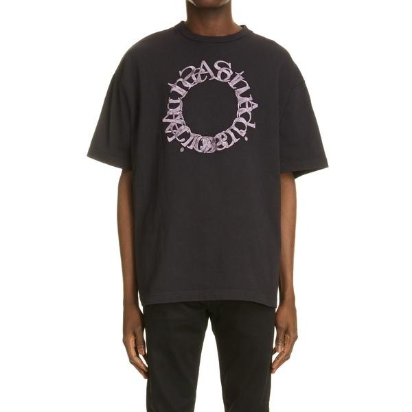 【おトク】 アクネ ストゥディオズ Black T-Shirt Embroidered Logo Circle Cotton Organic メンズ トップス Tシャツ 半袖