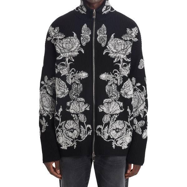 ヴァレンティノ ニット&セーター アウター メンズ Floral Print Ribbed Full Zip Sweater Black/ White