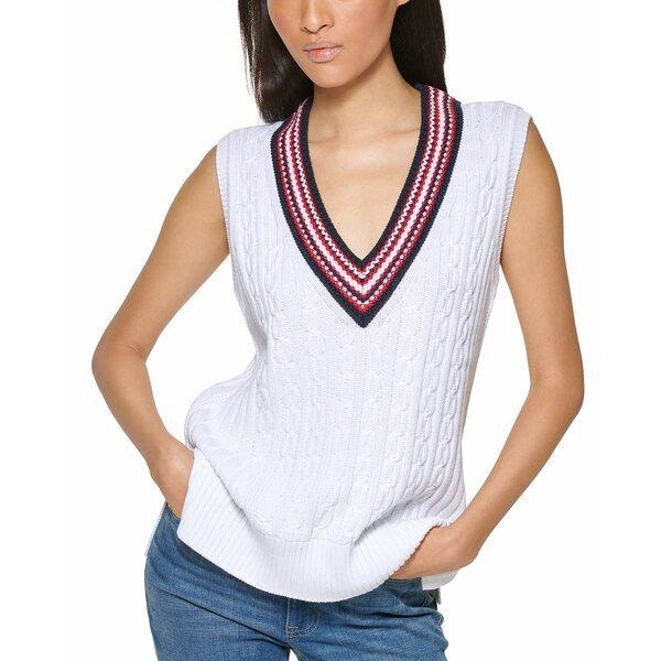 トミー ヒルフィガー ニット&セーター アウター レディース Cable-Knit Sweater Vest Bright White