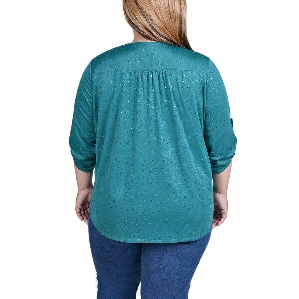 割引発見 ニューヨークコレクション カットソー トップス メンズ Plus Size 3/4 Roll Tab Zip Front Jacquard Knit Top with Disco Dots Emerald