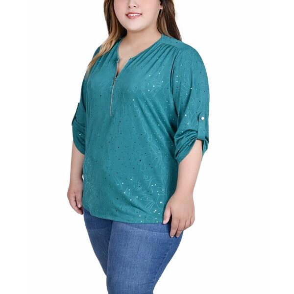 割引発見 ニューヨークコレクション カットソー トップス メンズ Plus Size 3/4 Roll Tab Zip Front Jacquard Knit Top with Disco Dots Emerald