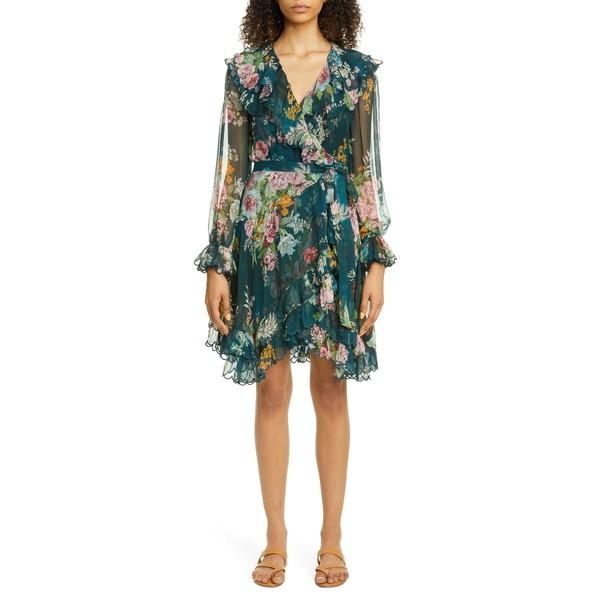 ジマーマン ワンピース トップス レディース Wavelength Scalloped Ruffle Long Sleeve Silk Minidress Teal Daphne 5starinspections Com