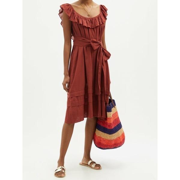 ポイント10倍 Cirrus レディース トップス ワンピース ループチャーマント Ruffled Brown Dress Midi Cotton Gauze ワンピーススーツ サイズ L Religionandsecurity Org