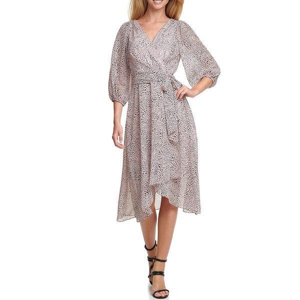 まとめ買い歓迎 ダナ キャラン ニューヨーク レディース ワンピース トップス Balloon Sleeve Animal Print Chiffon Faux Wrap Midi Dress Dogwood Combo 値下げ Etcui Com