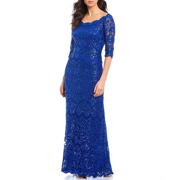お気にいる タダシショージ レディース ワンピース トップス Scalloped Boat Neckline 3 4 Sleeve Sequin Lace Gown Royal Blue 新品本物 Motycar Com