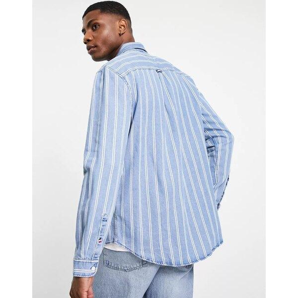 保存版 トミーヒルフィガー メンズ シャツ トップス Tommy Jeans Flag Logo Stripe Denim Shirt In Indigo Blue Mid Indigo White Stripe 本日超得 Istx Edu Ec