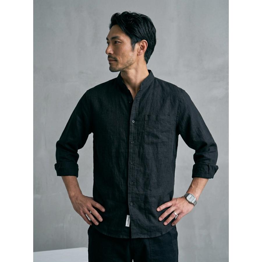 美品☆ウィムガゼット 麻 リネン スタンドカラーシャツ ゆったり バンドカラー バンドカラーシャツ メンズ スタンドカラー シャツ ブラウス 7分袖