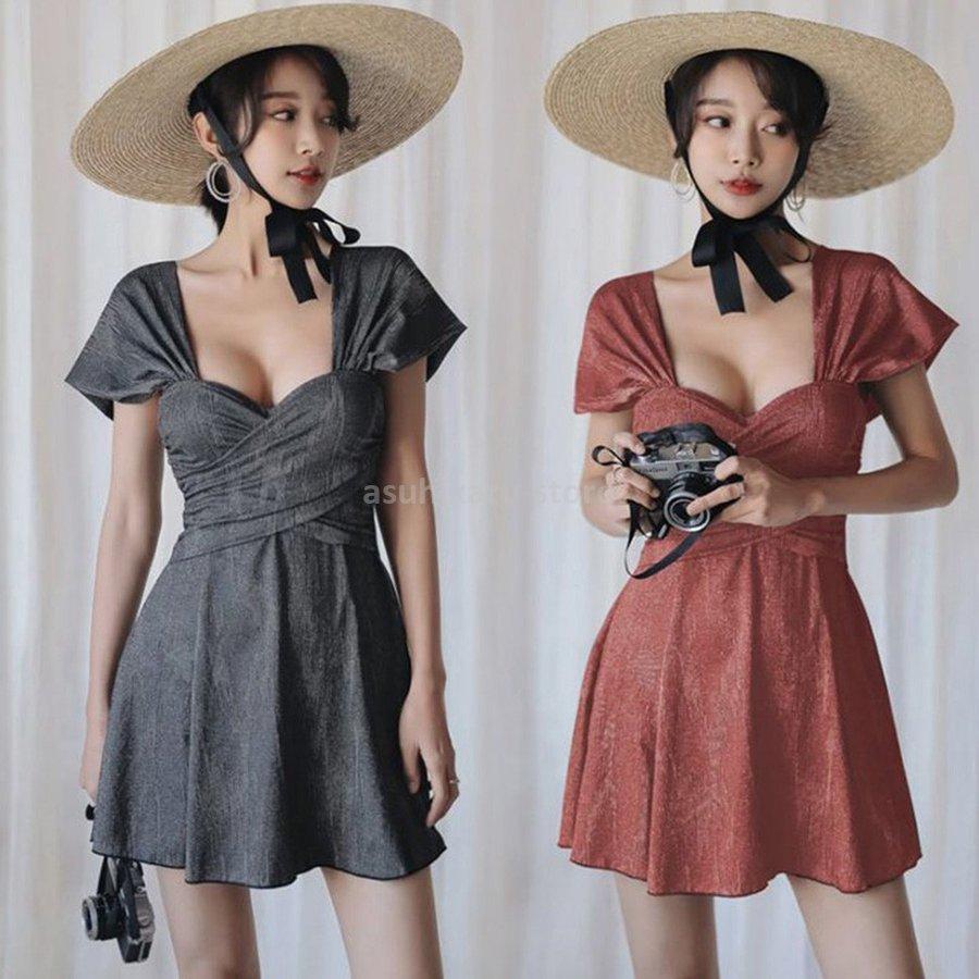 水着レディース 体型カバー 水着 ワンピース型 ショートパンツサロペット水着 無地 フレア 韓国風 40代 ママ水着 可愛い 大きいサイズ 春新作の スイムウェア