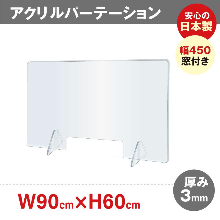 日本製]飛沫防止 透明アクリルパーテーション窓付き W900*H600mm 対面