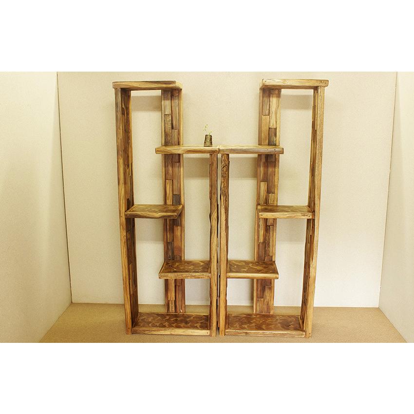 チーク古木自然杢凹凸 オールドチーク アンティーク 総無垢・寄木細工 違い棚/Wide