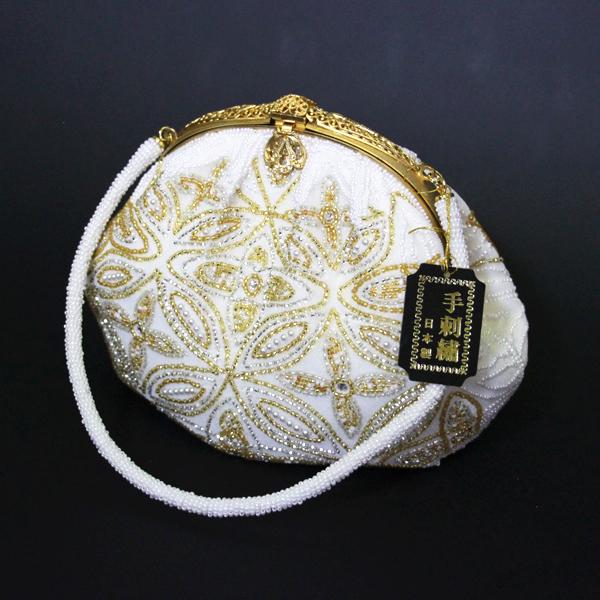 ビーズ刺繍和装用バッグゴールド 楽天市場】手刺繍ビーズバッグ 国産グラスビーズ ホワイト 七宝に華 袴