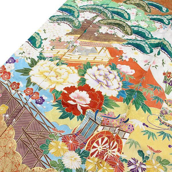 着物 振袖 銀通し金駒刺繍 友禅 手加工 丹後ちりめん地 四季の風景 未