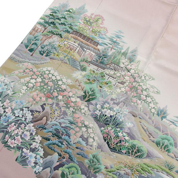 本加賀友禅「東藤 岳」色留：花の絵：淡いグリーン：美品、袷正絹：作家印：N70 本加賀友禅「東藤 岳」色留：花の絵：淡いグリーン：美品、袷正絹