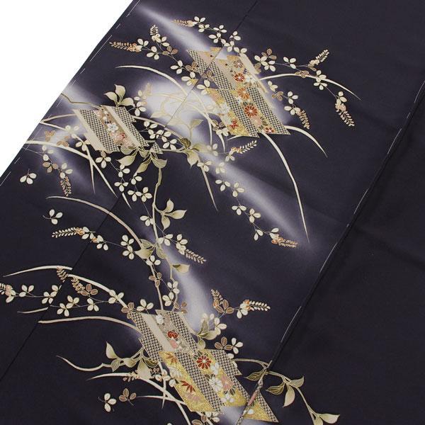 京友禅 手描 振袖 金駒 金彩 ちりめん 正絹 パールトーン加工済 黒地