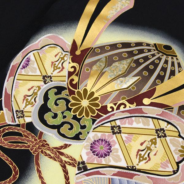 【お仕立て上がり】初着 男の子 絞り 刺繍 産着 祝着 お祝い着 着物 正絹 お宮参り 赤ちゃん ベビー 兜に扇面 黒 あすかや [商品番号pt3742]_3