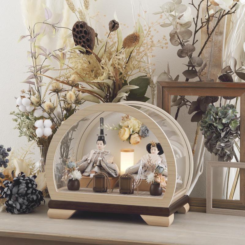 雛人形 コンパクト ひな人形 ケース飾り 親王飾り 木製ラウンドケース